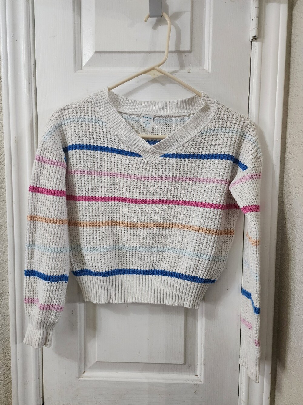 Girls' White V-Neck Sweater with Blue, Pink & Tan Stripes